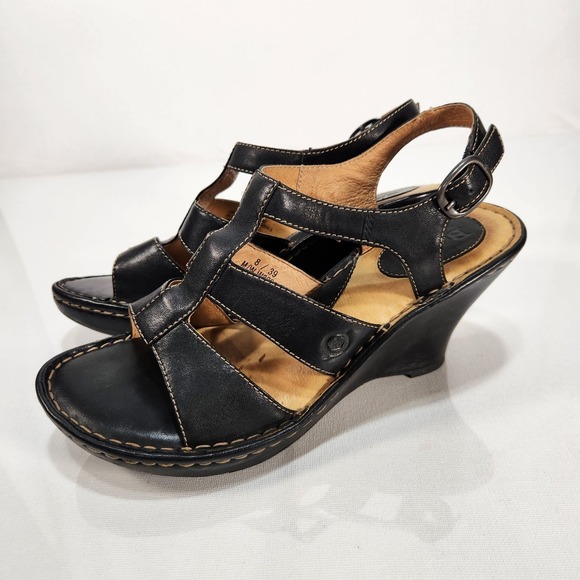 Børn Shoes - Born Womens Black Leather 3.5 in Open‎ Toe Wedge Sandals Womens Size 8 W3090